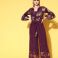 Ahalyaa Burgundy & Gold-Toned Bell Sleeves Printed Ethnic Jumpsuit With Waist Tie-Ups | Swadesiicart