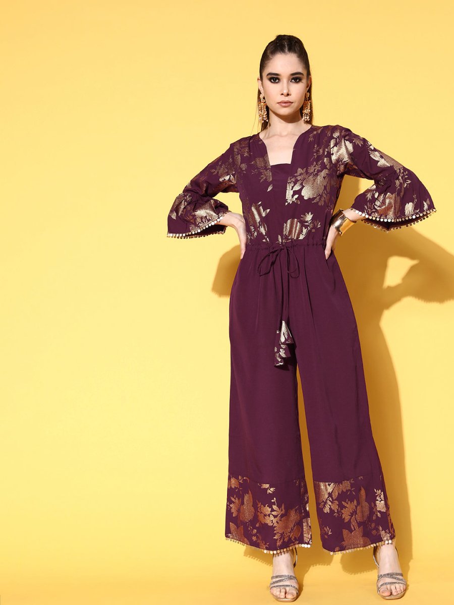 Ahalyaa Burgundy & Gold-Toned Bell Sleeves Printed Ethnic Jumpsuit With Waist Tie-Ups | Swadesiicart