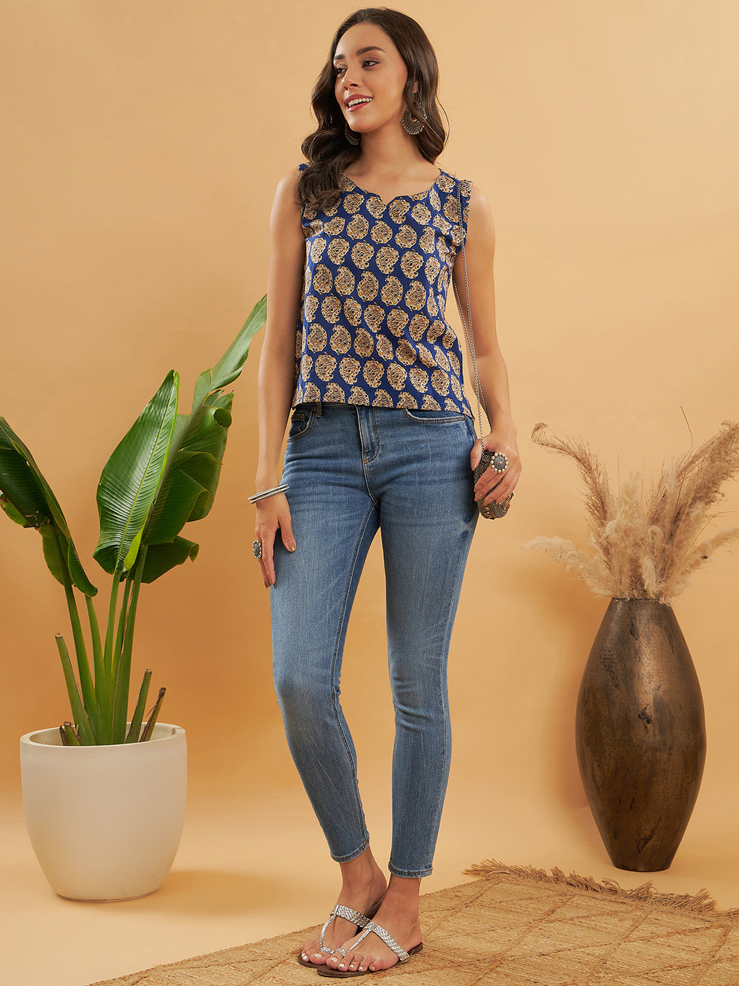 InWeave Ink Blue Small Paisley Kalamkari W/U Top - Swadesiicart