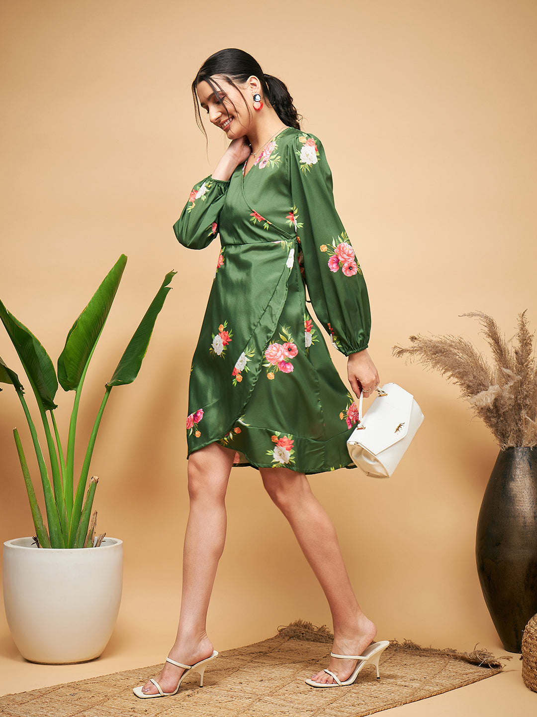 InWeave Women's Green Small Flower Belted Dress - Swadesiicart
