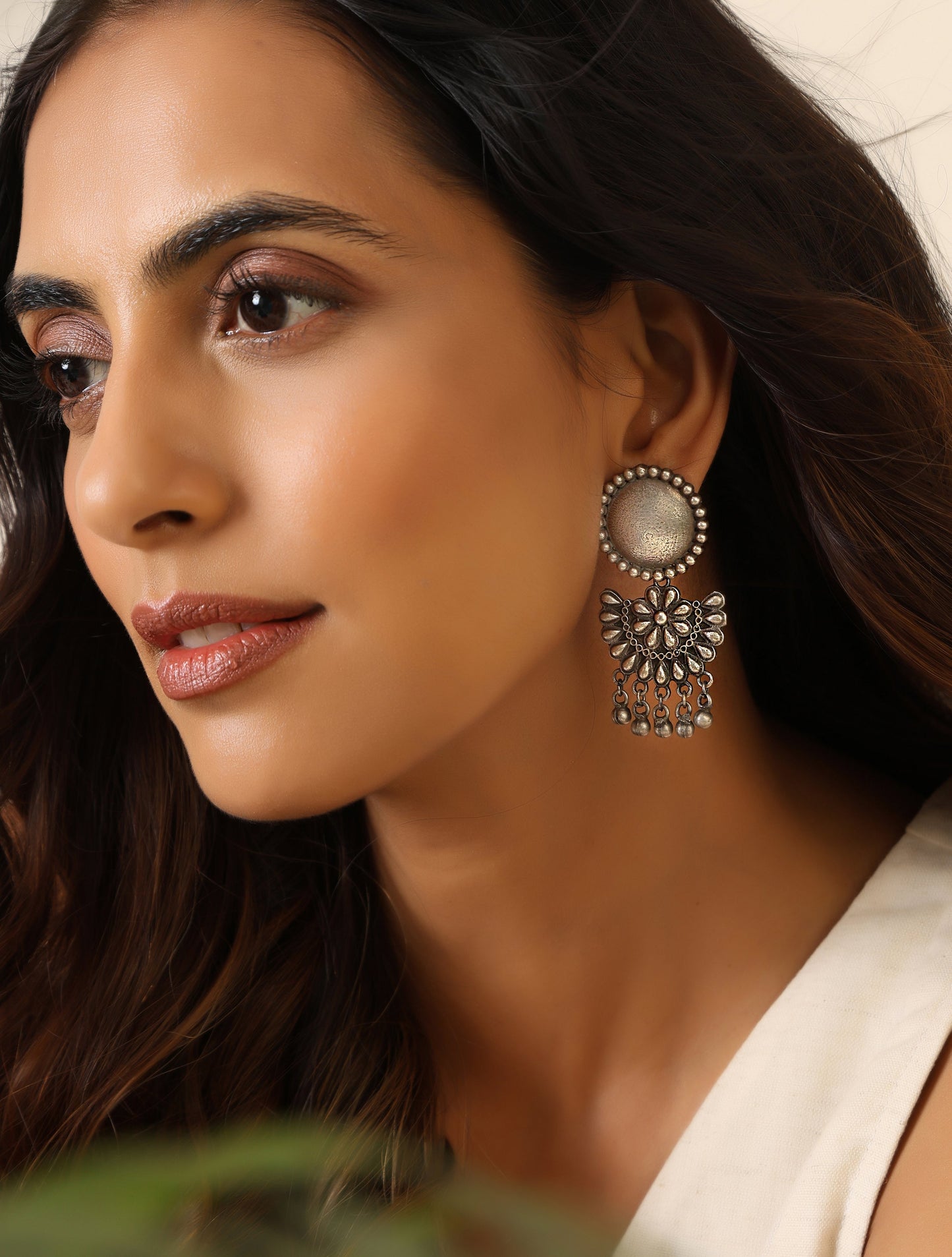 trueBrowns Silver Crescent Floral Earrings | Swadesiicart