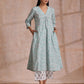 trueBrowns Tiffany Blue Floral Block Print Cotton Front Neck Gathered Kurta Pant Set | Swadesiicart