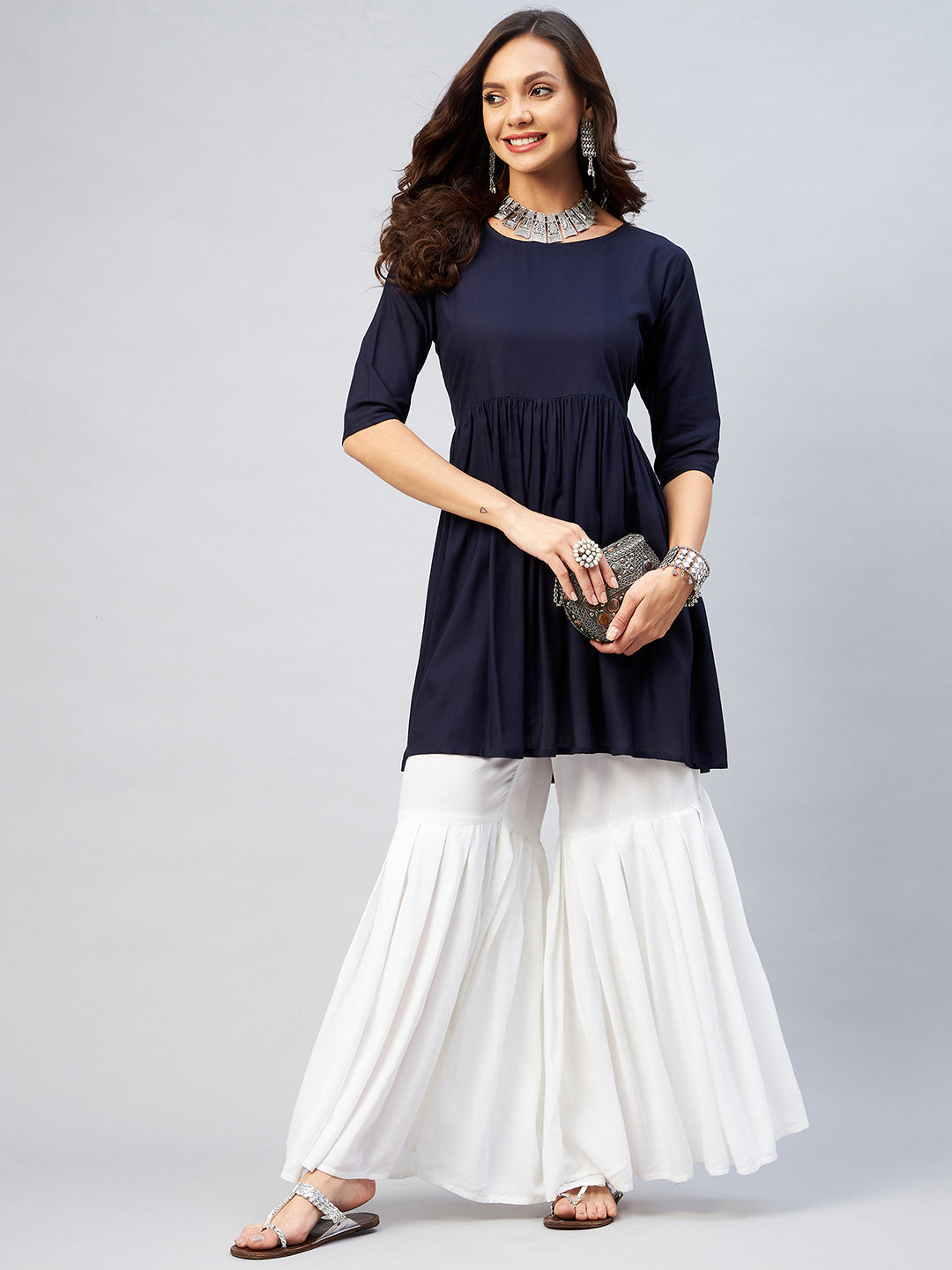 InWeave Women's Navy Blue Short Anarkali Kurta - Swadesiicart