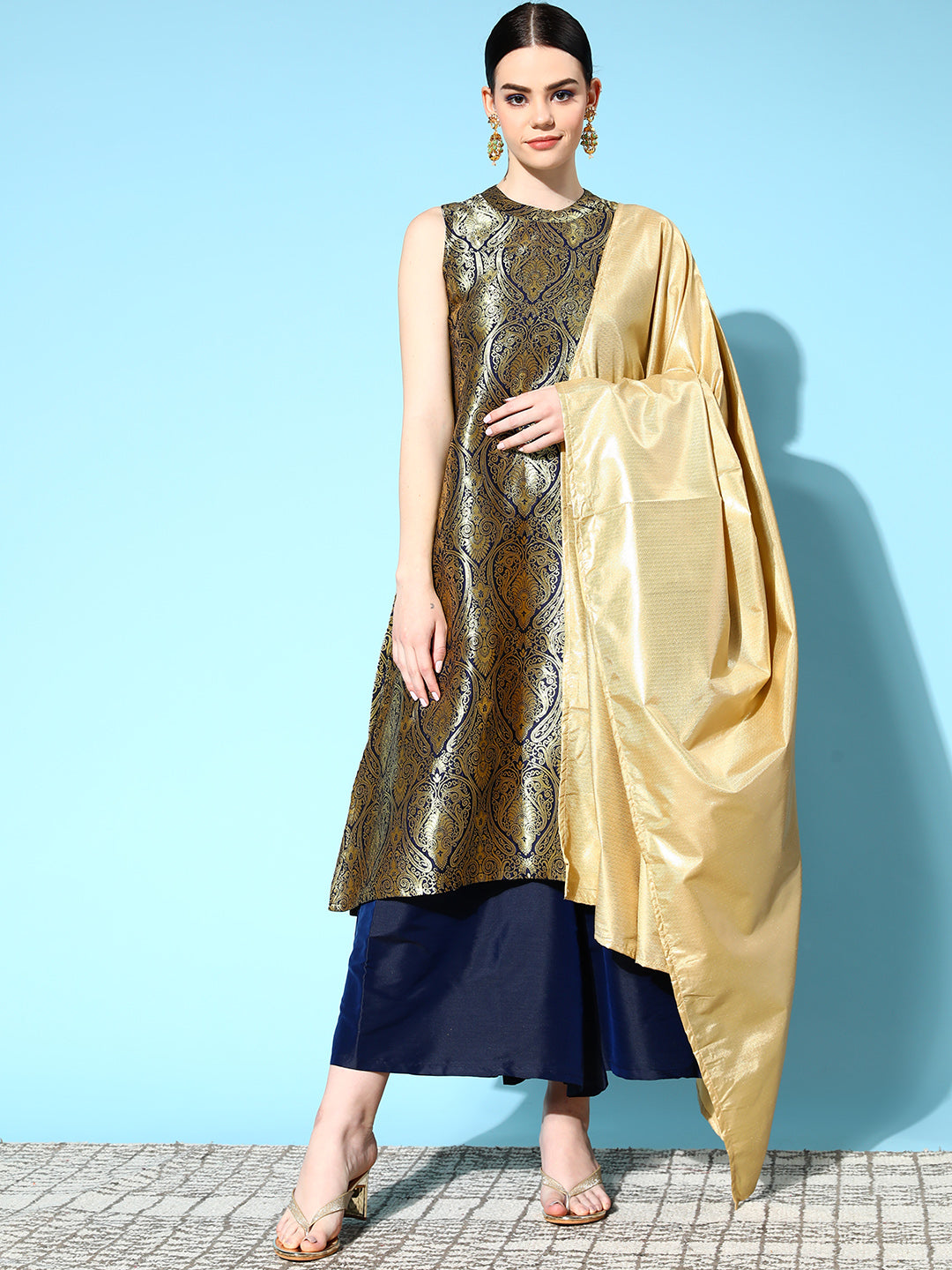 InWeave Women's Blue Banarasi Halter Kurta Set With Golden Dupatta - Swadesiicart