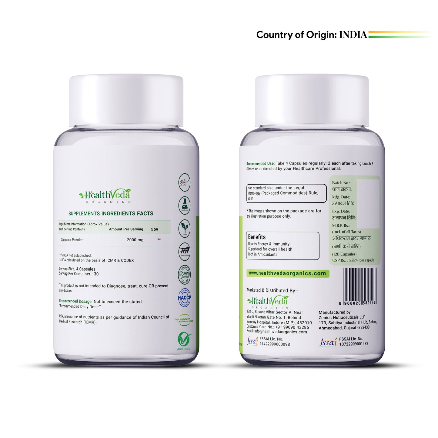Health Veda Organics Spirulina Capsules - Swadesiicart