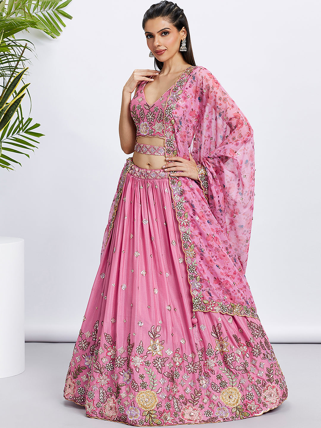 House of Panchhi Lime Green Chiffon Sequins And Thread Embroidery Lehenga Choli & Dupatta | Swadesiicart