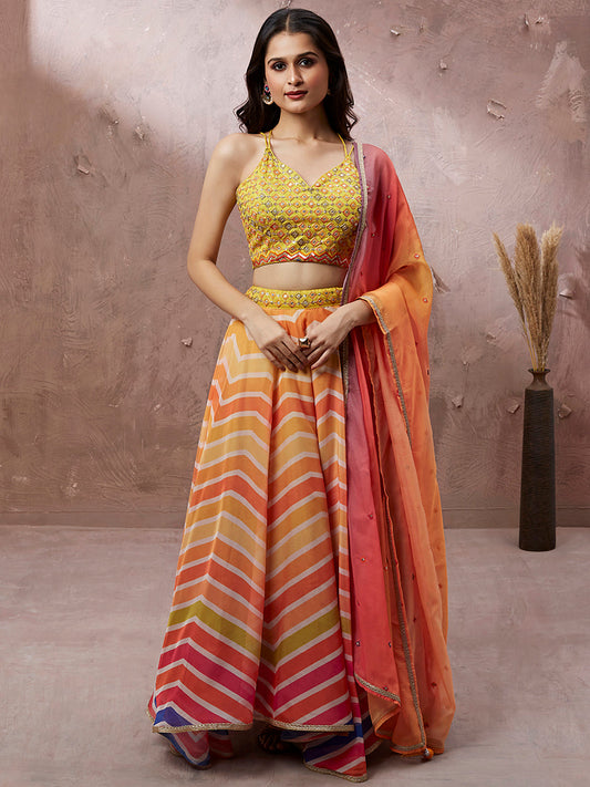 House of Panchhi Yellow Organza Leheriya Printed Lehenga Choli & Dupatta | Swadesiicart