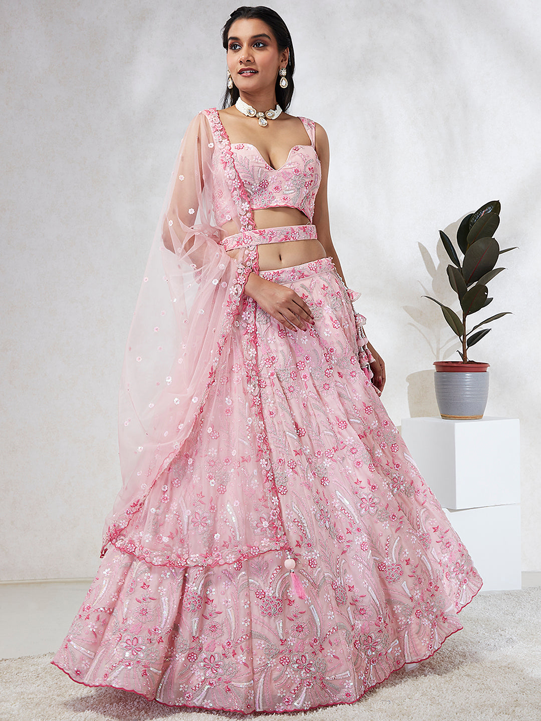House of Panchhi Pink Georgette Sequins And Thread Embroidery Lehenga Choli & Dupatta | Swadesiicart