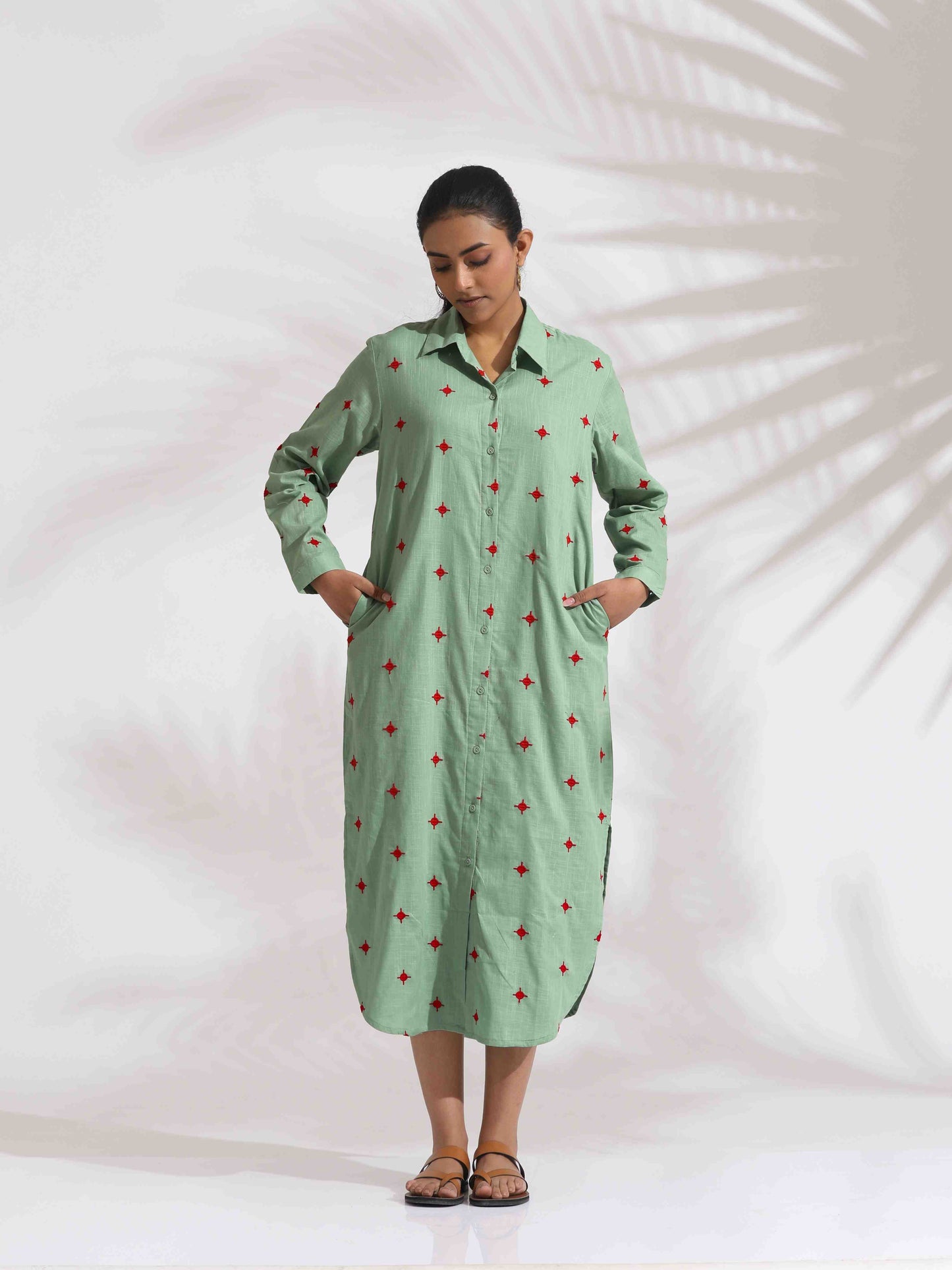 trueBrowns Green Cotton Embroidered Shirt Dress | Swadesiicart