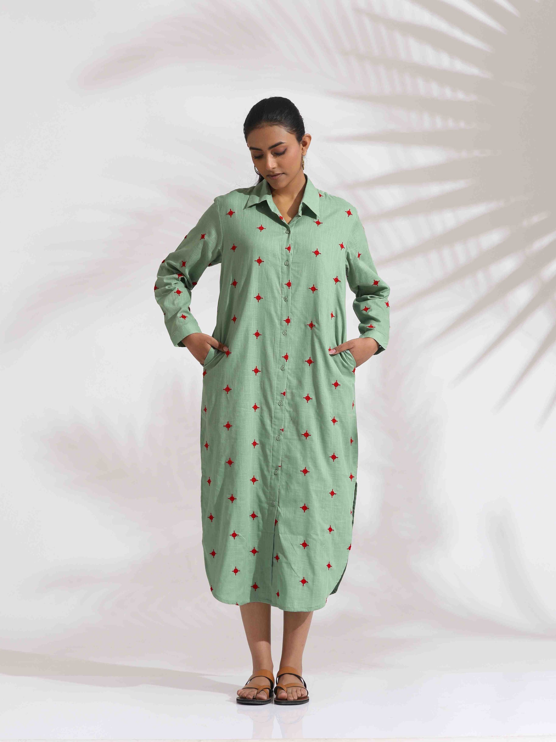 trueBrowns Green Cotton Embroidered Shirt Dress | Swadesiicart