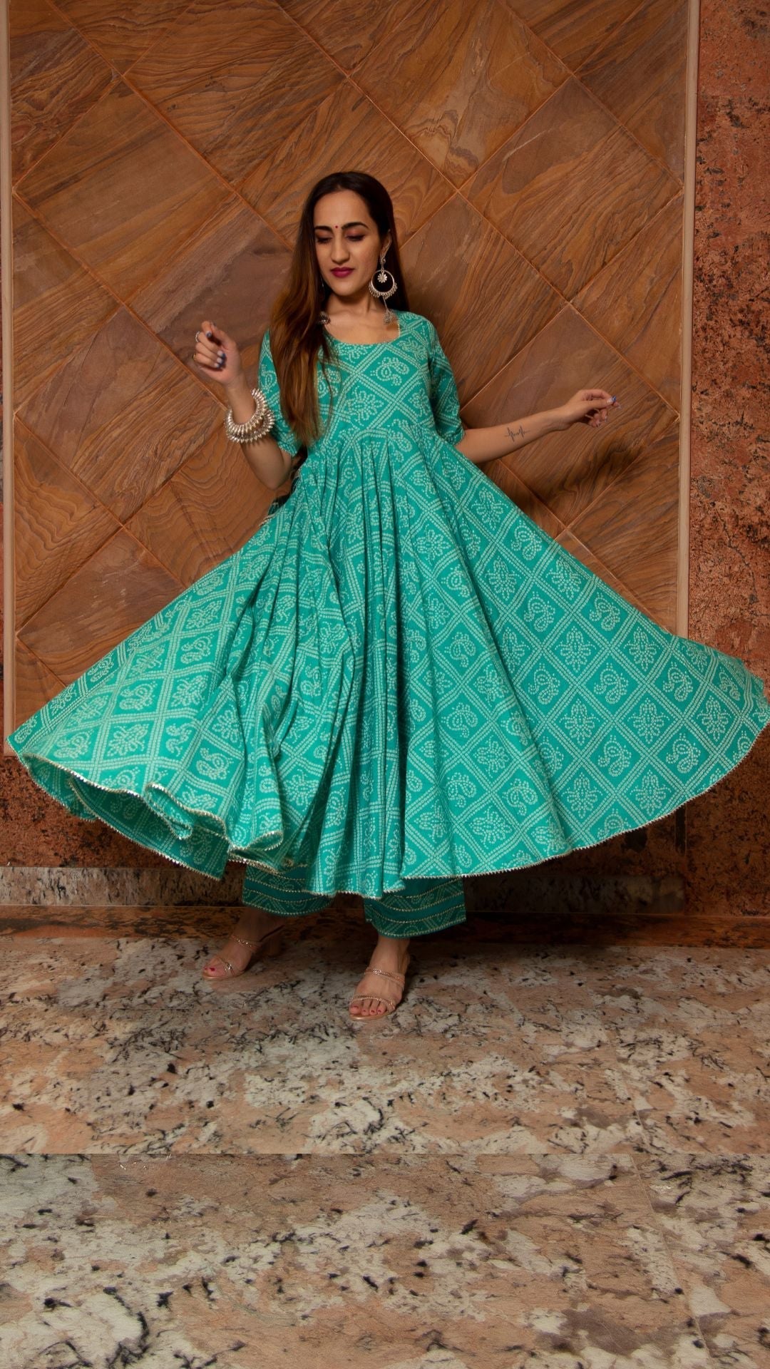 Pomcha Jaipur Bandhej Tiffany Blue Cotton Anarkali Set | Swadesiicart