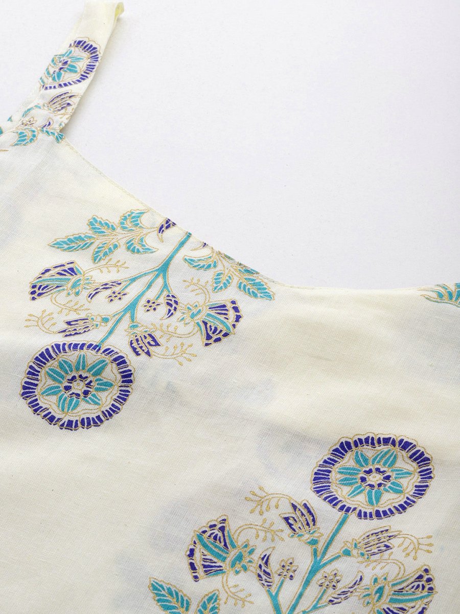 Ahalyaa Floral Printed Regular Pure Cotton Kurta with Trousers & Jacket | Swadesiicart