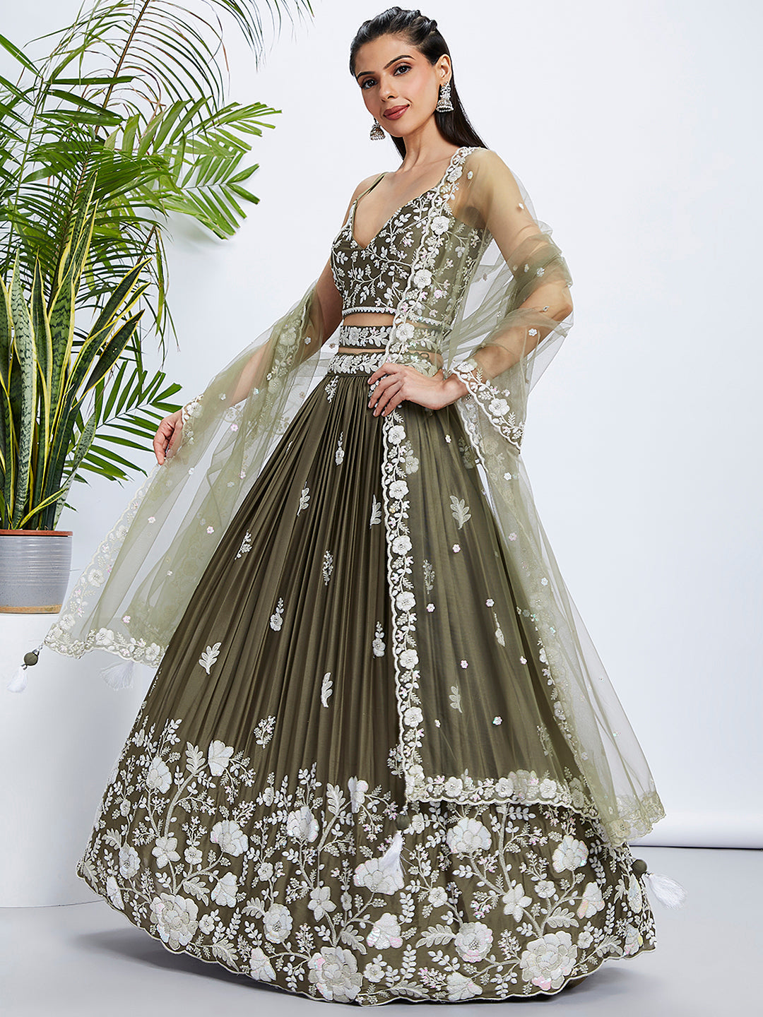 House of Panchhi Teal - Georgette Sequins, Mirror And Thread Embroidery Lehenga Choli | Swadesiicart