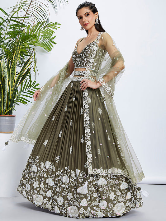 House of Panchhi Teal - Georgette Sequins, Mirror And Thread Embroidery Lehenga Choli | Swadesiicart