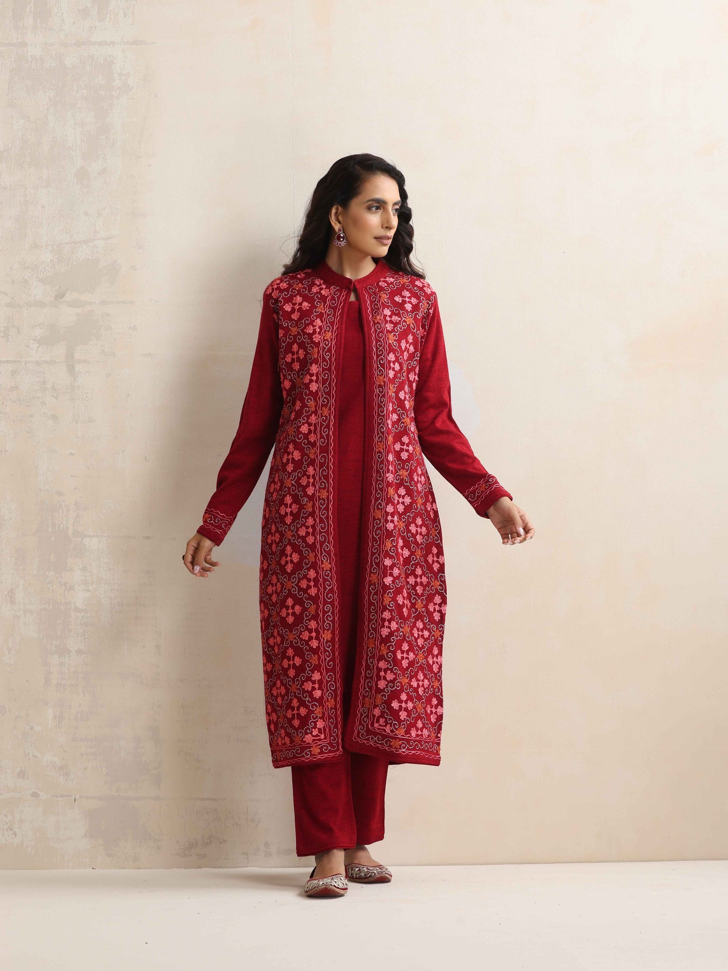 trueBrowns Maroon Kashmiri Woollen Jacket 3pc Set | Swadesiicart