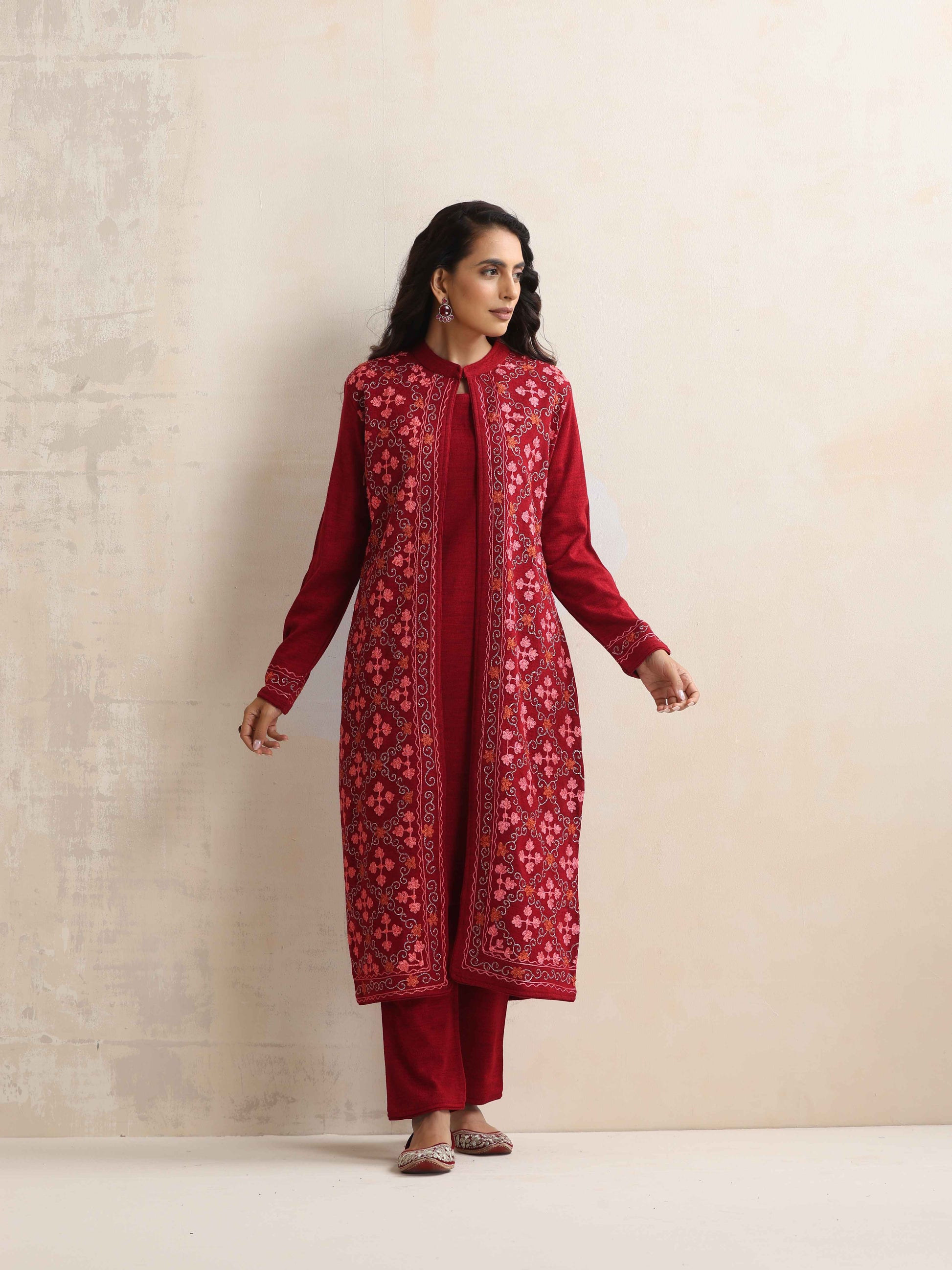trueBrowns Maroon Kashmiri Woollen Jacket 3pc Set | Swadesiicart