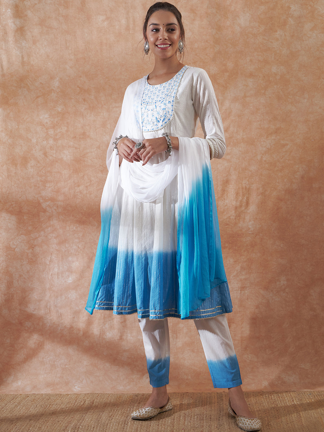 InWeave Women's White Lurex Blue Dye Patch Gota Anarkali Kurta Set W Dupatta - Swadesiicart