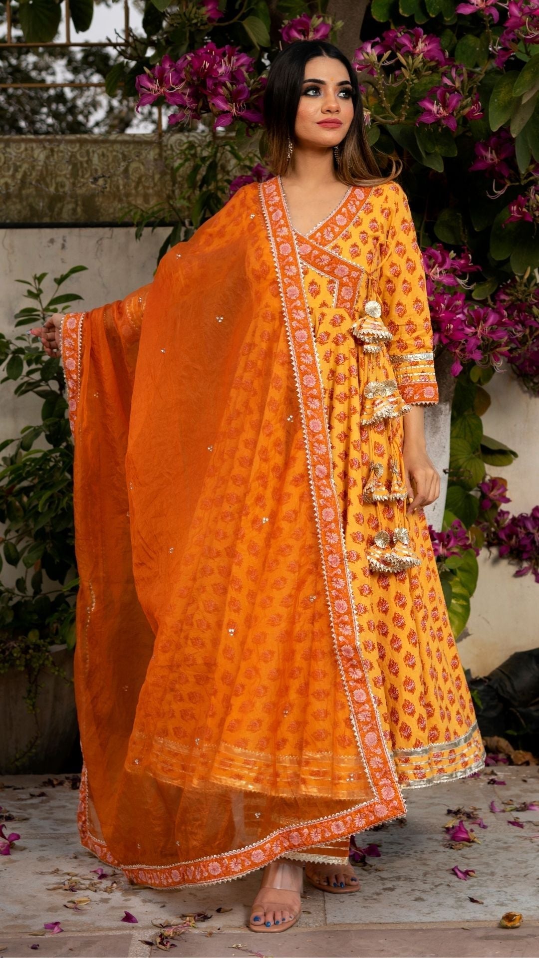 Pomcha Jaipur Mehar Light Brown Hand Block Anarkali Set | Swadesiicart