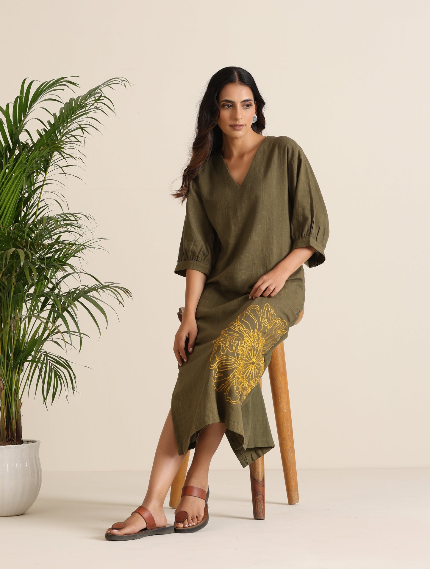 trueBrowns Olive Cotton Embroidered Dress | Swadesiicart