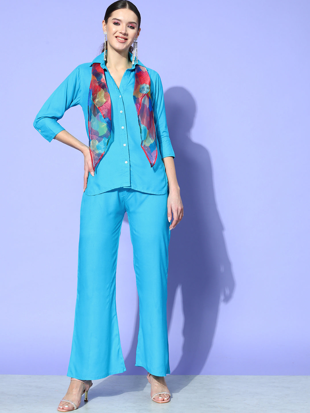 InWeave Women's Aqua Blue Coord Set With Maroon Abstract Scarf - Swadesiicart