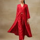 trueBrowns Maroon Textured Silk Front Slit Kurta Pant Set | Swadesiicart