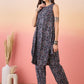 InWeave Navy Maroon Ajrakh Foil Round Neck Kurta Pant Set - Swadesiicart