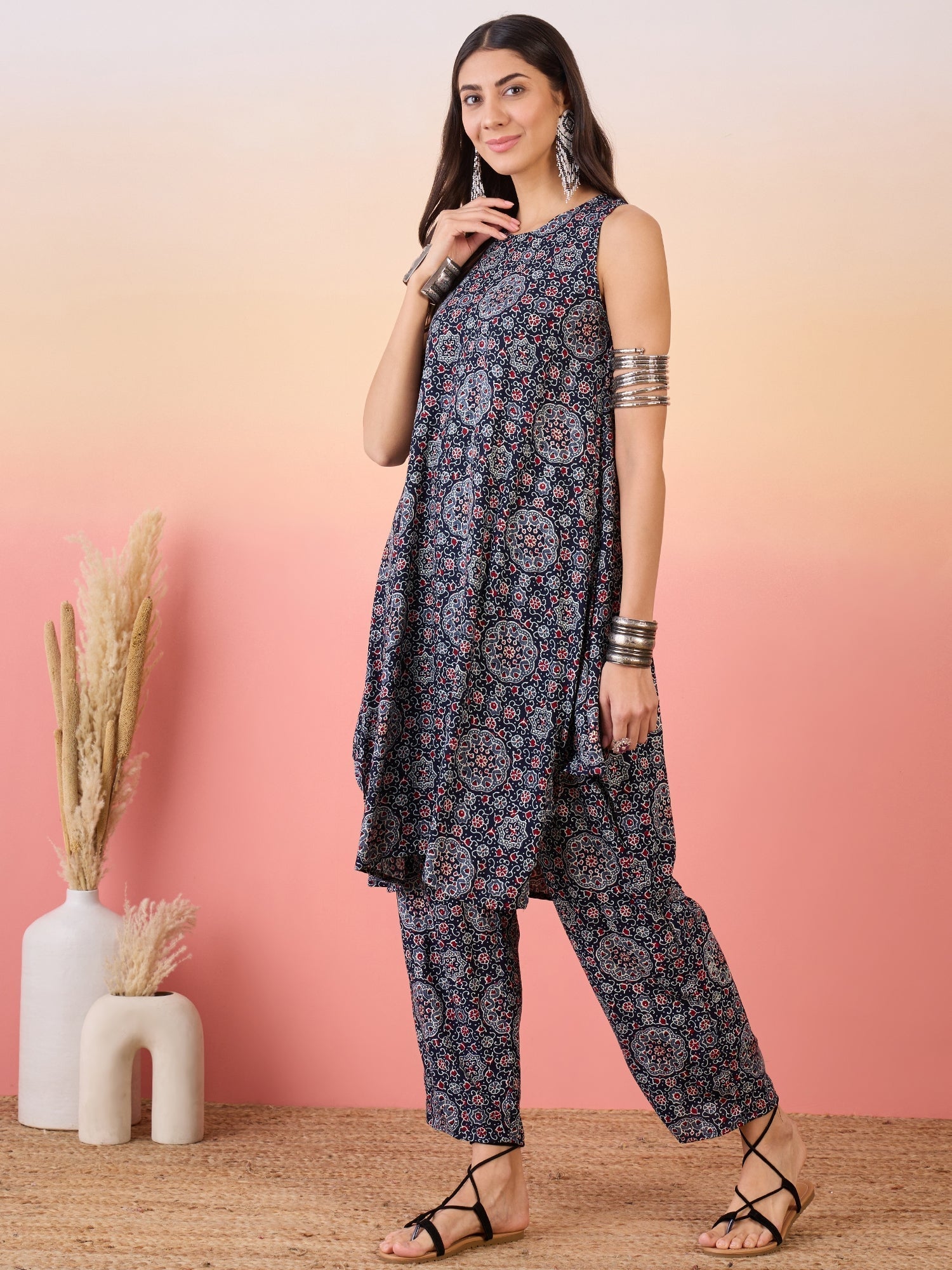 InWeave Navy Maroon Ajrakh Foil Round Neck Kurta Pant Set - Swadesiicart