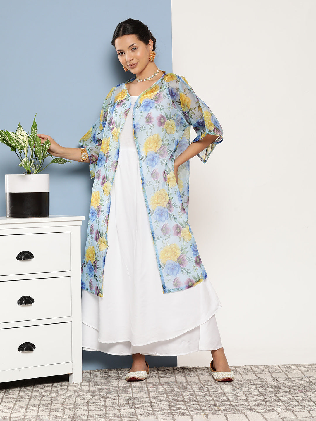 InWeave Women's Cream Strappy With Blue Floral Print Cape - Swadesiicart