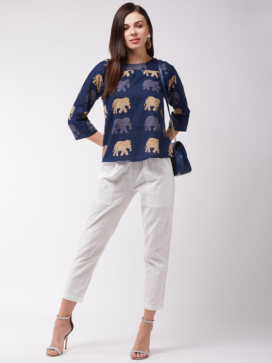 InWeave Elephant Print Blue Top - Swadesiicart