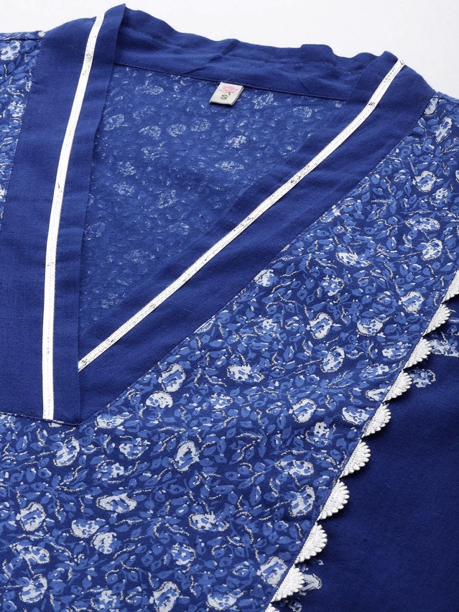 Ahalyaa Floral Print Midi Pure Cotton Ethnic Dress with Lace Inserts Detail | Swadesiicart
