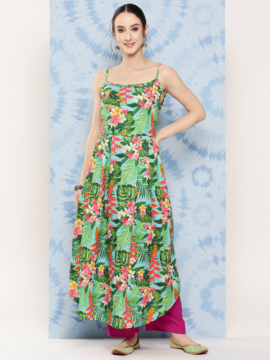 InWeave Women's Mint Green Leaf Japanese Art Strappy Set - Swadesiicart