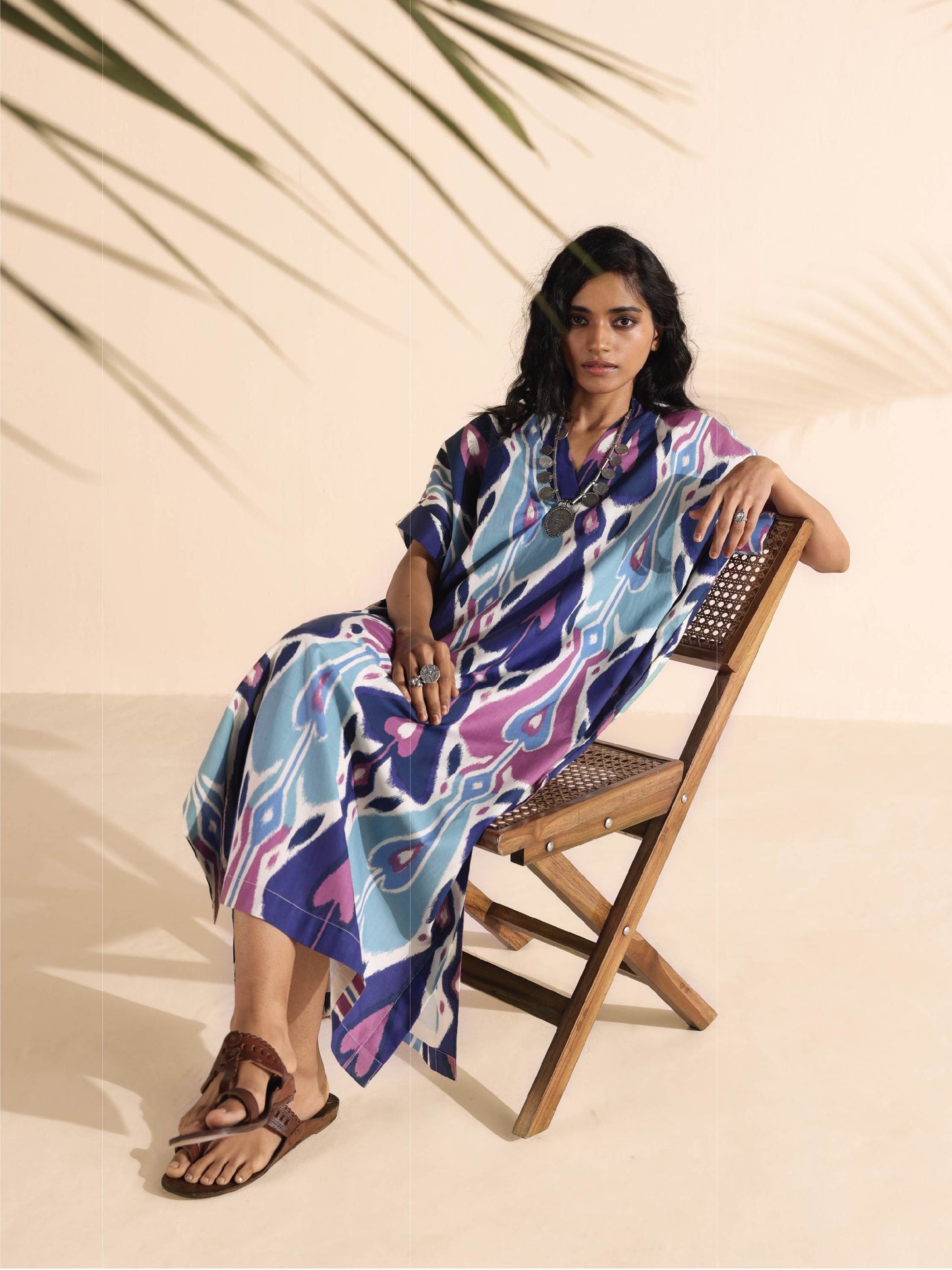 trueBrowns Blue Cotton Ikat Oversized Dress | Swadesiicart