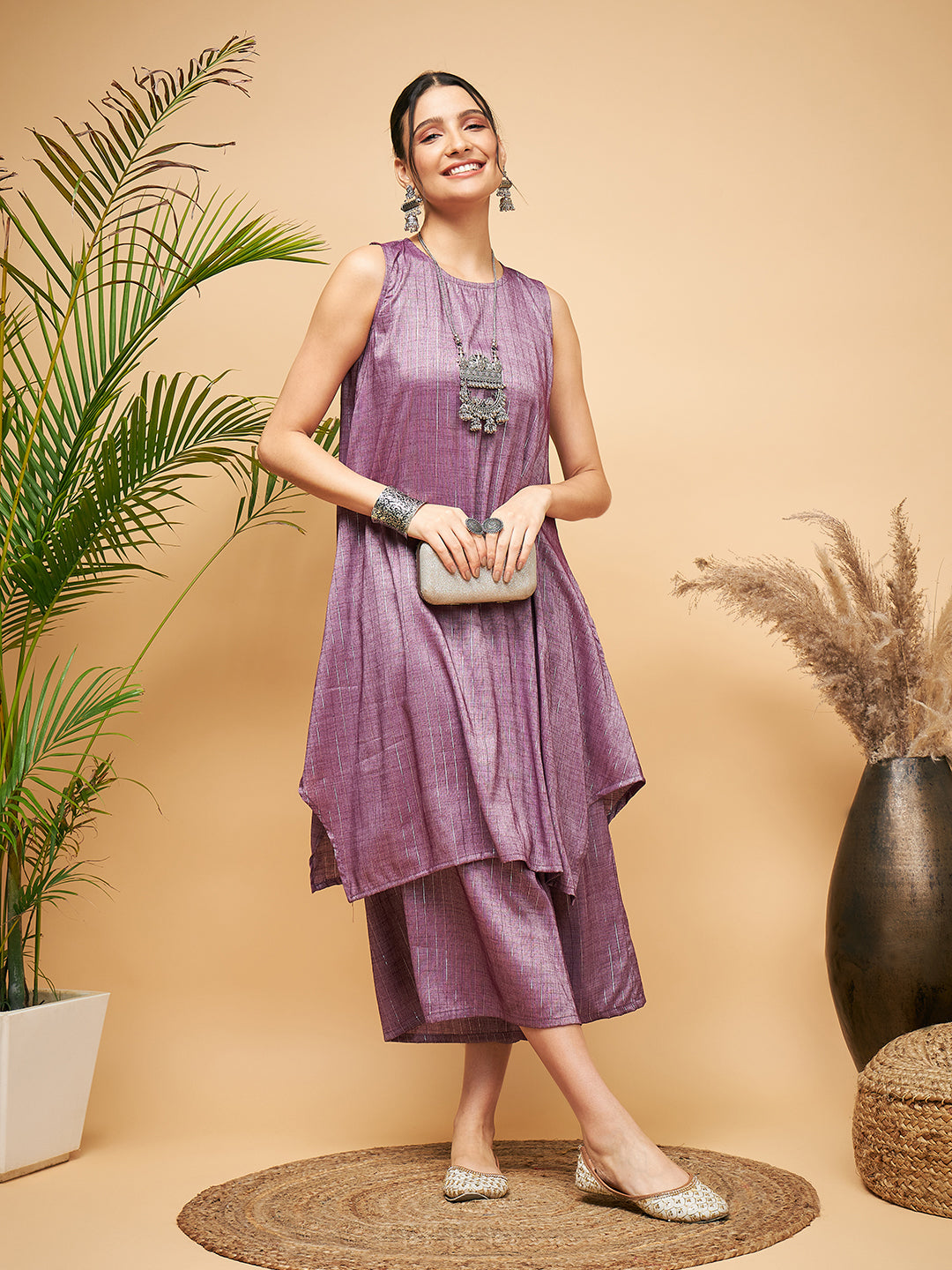 InWeave Women's Mauve Lurex Short Pallazo Kurta Set - Swadesiicart