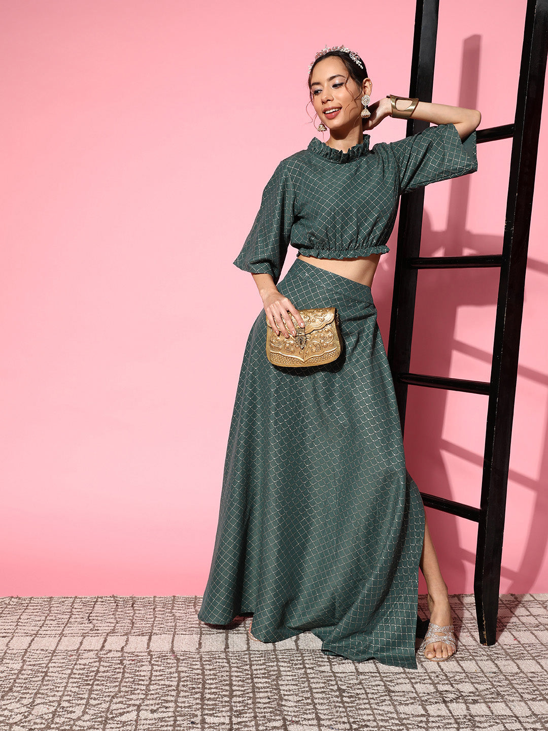 InWeave Women's Hunter Green Gold Crop Top With Side Slit Skirt - Swadesiicart