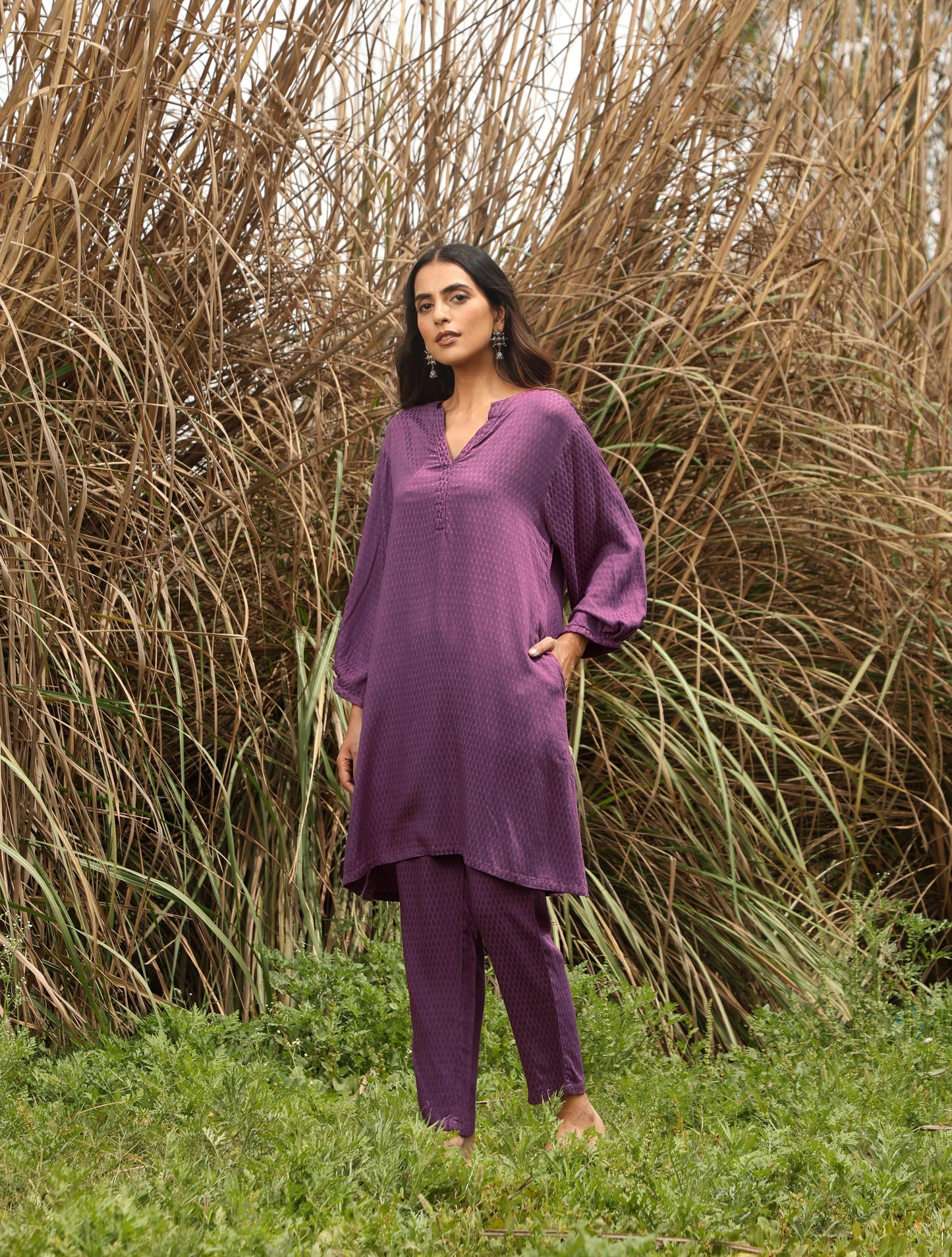 trueBrowns Purple Viscose Dobby Relaxed Co-ord Set - Swadesiicart