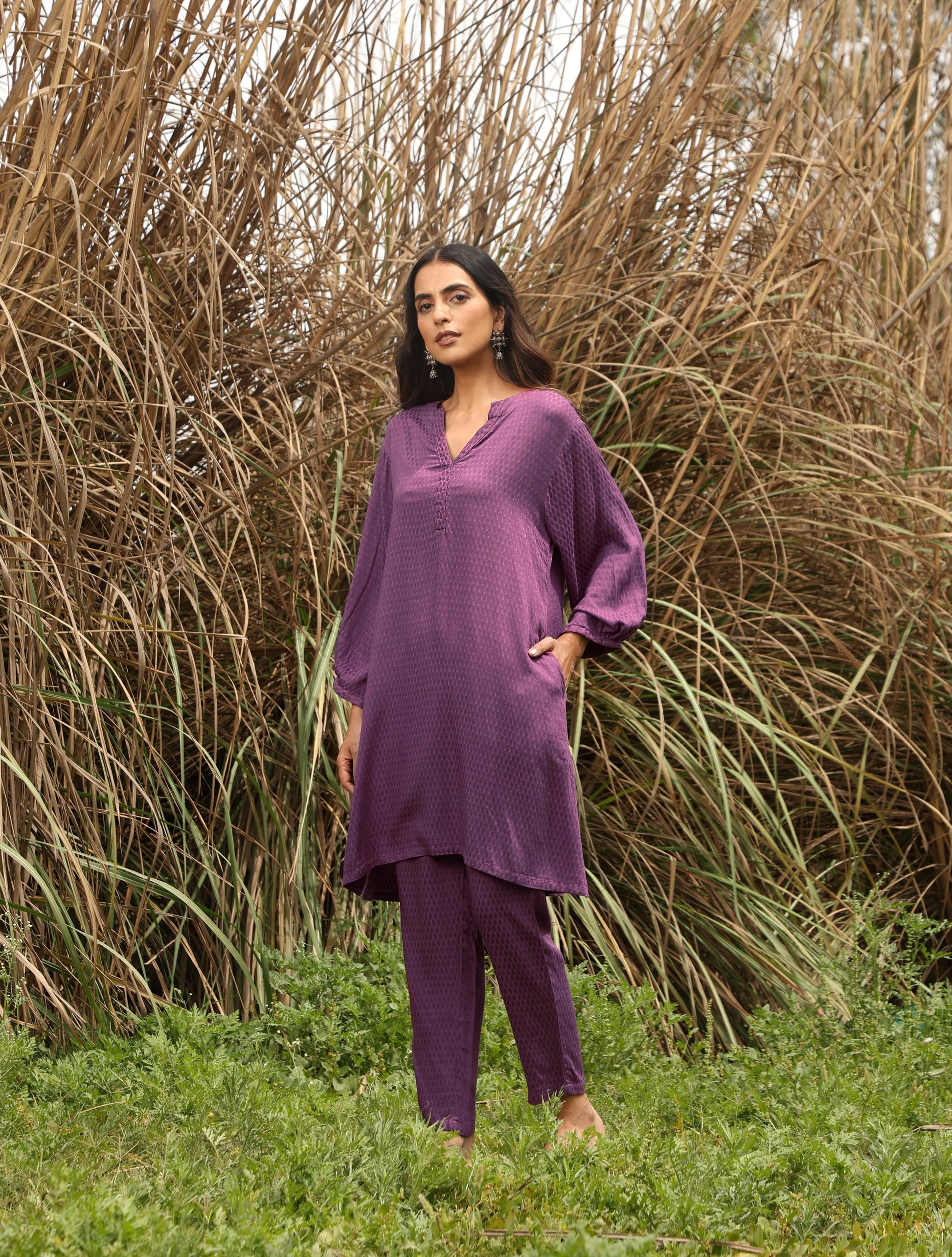 trueBrowns Purple Viscose Dobby Relaxed Co-ord Set - Swadesiicart