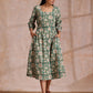 trueBrowns Fern Green Overall Floral Block Print Cotton Square Neck Dress | Swadesiicart