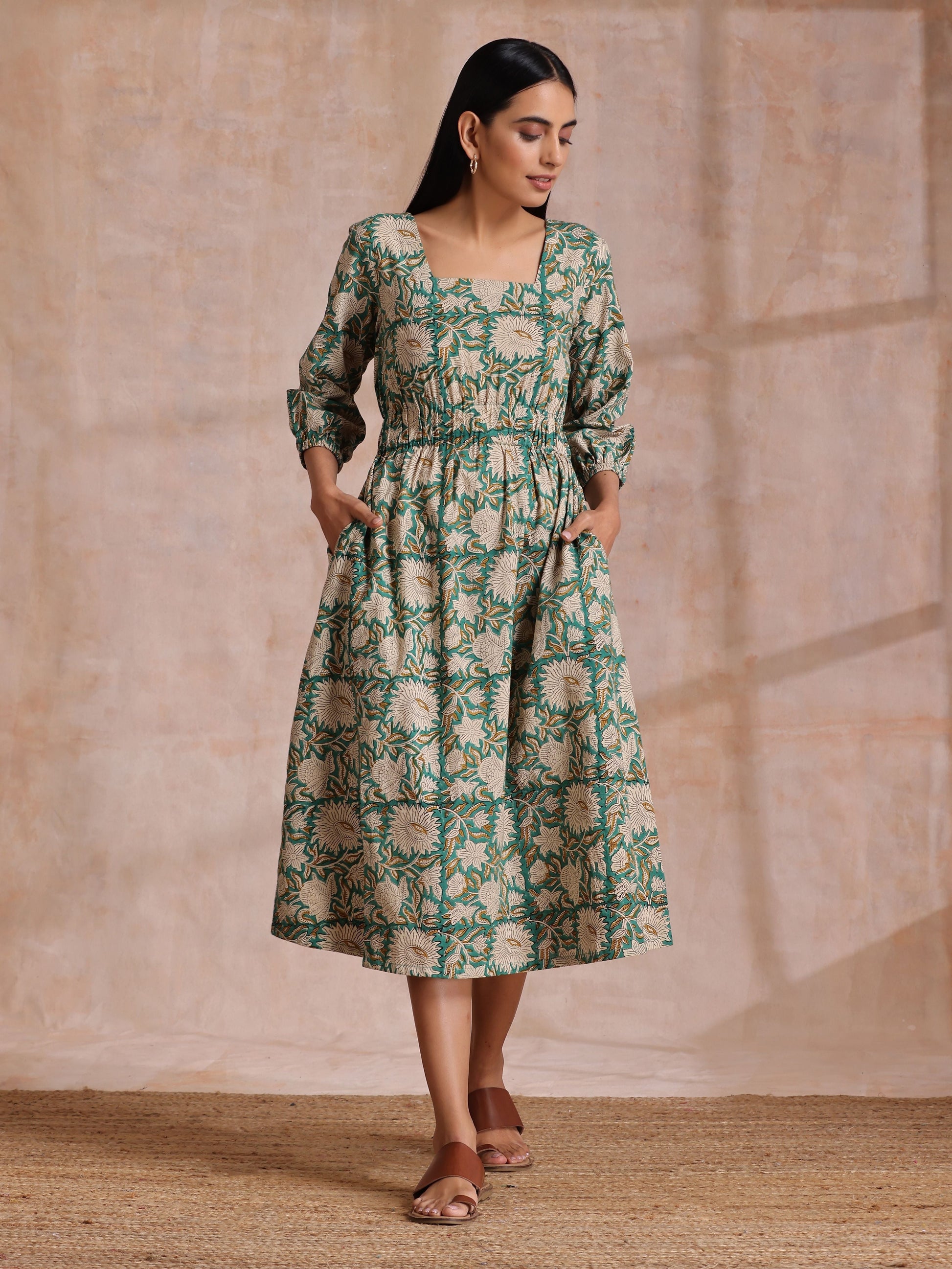 trueBrowns Fern Green Overall Floral Block Print Cotton Square Neck Dress | Swadesiicart