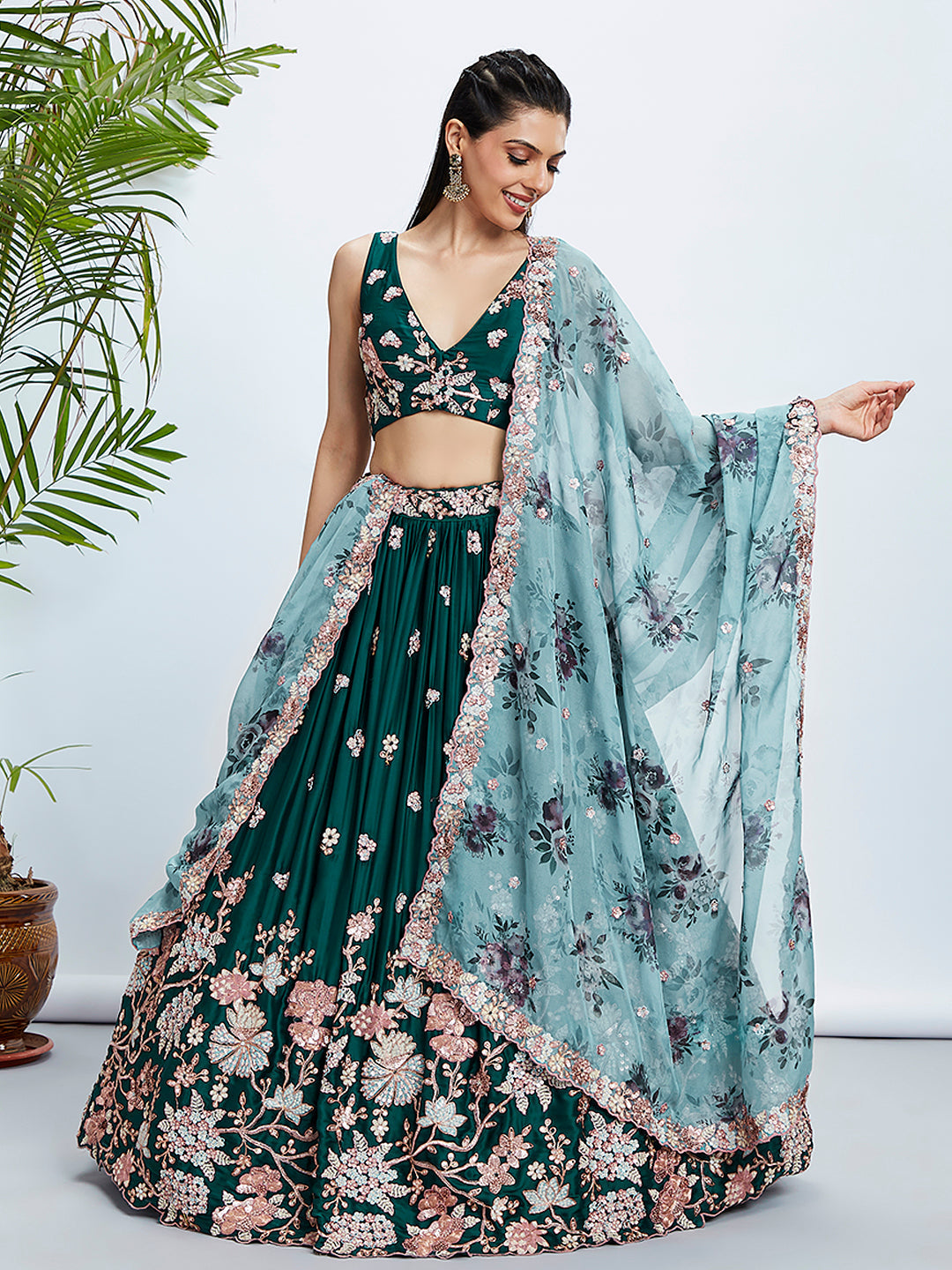 House of Panchhi Teal Pure Georgette Sequins And Thread Embroidery Lehenga Choli & Dupatta | Swadesiicart
