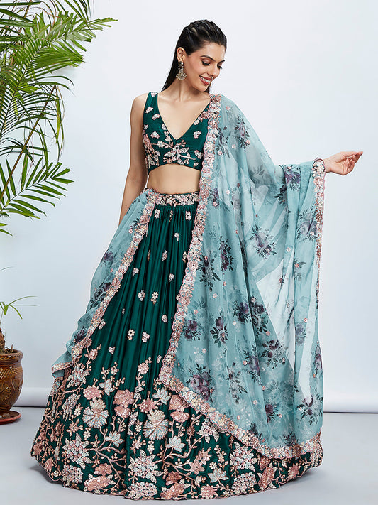 House of Panchhi Teal Pure Georgette Sequins And Thread Embroidery Lehenga Choli & Dupatta | Swadesiicart