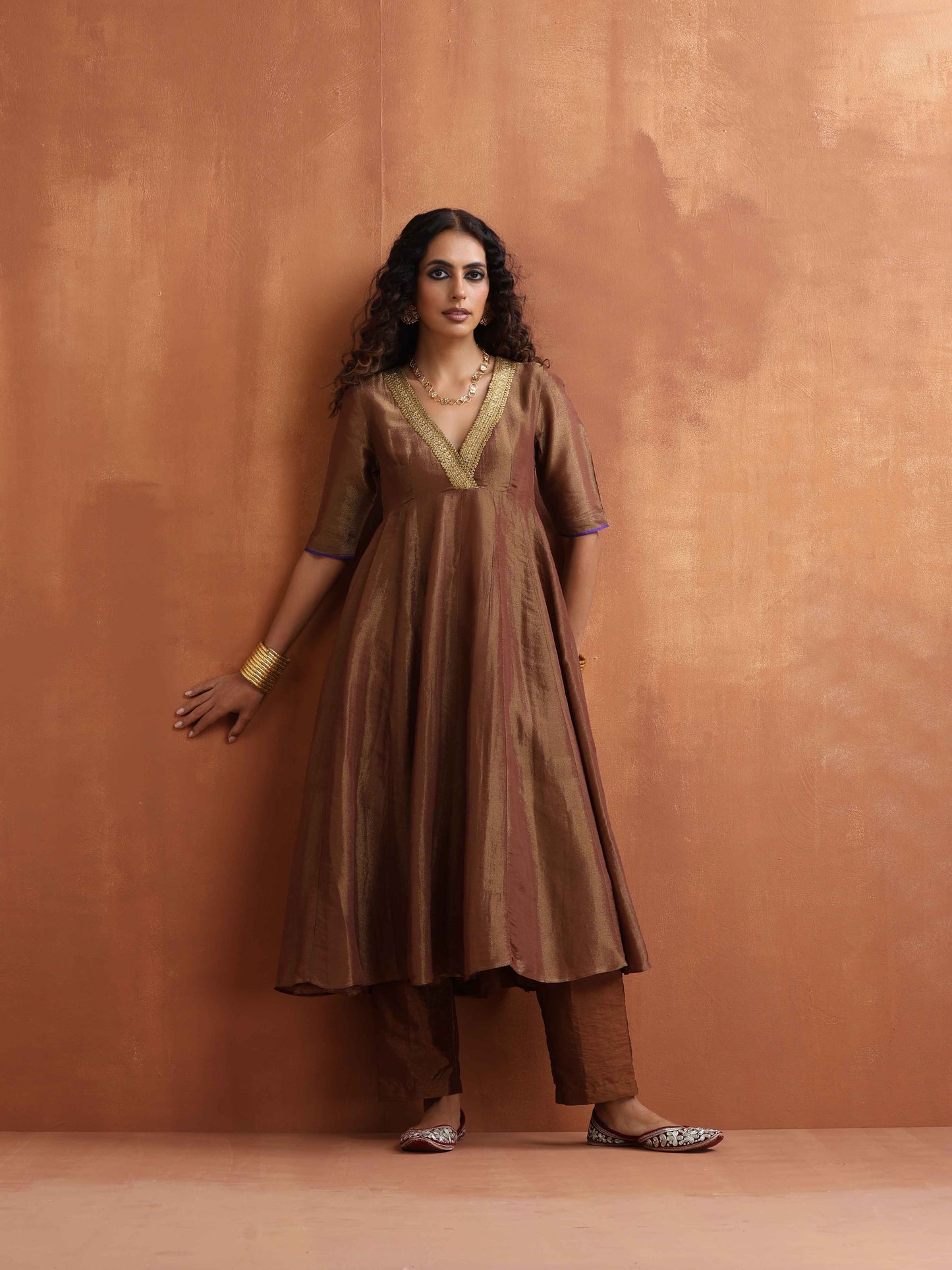 trueBrowns Bronze Tissue Flared Anarkali Kurta Set | Swadesiicart