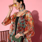 InWeave Black Strappy Set With Green Floral Organza Cape - Swadesiicart