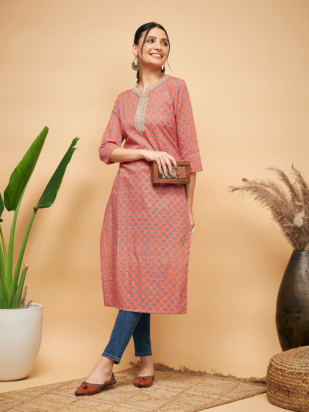 InWeave Women's Coral Blue Boota Print Gota Straight Kurta - Swadesiicart