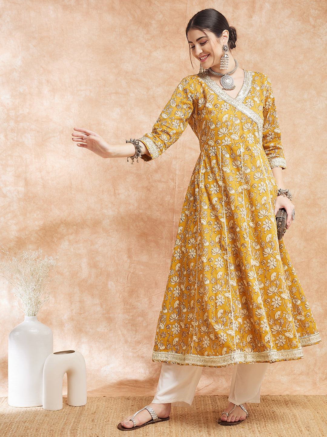 InWeave Women's Mustard Printed Gota Embroidered Anarkali Kurta - Swadesiicart