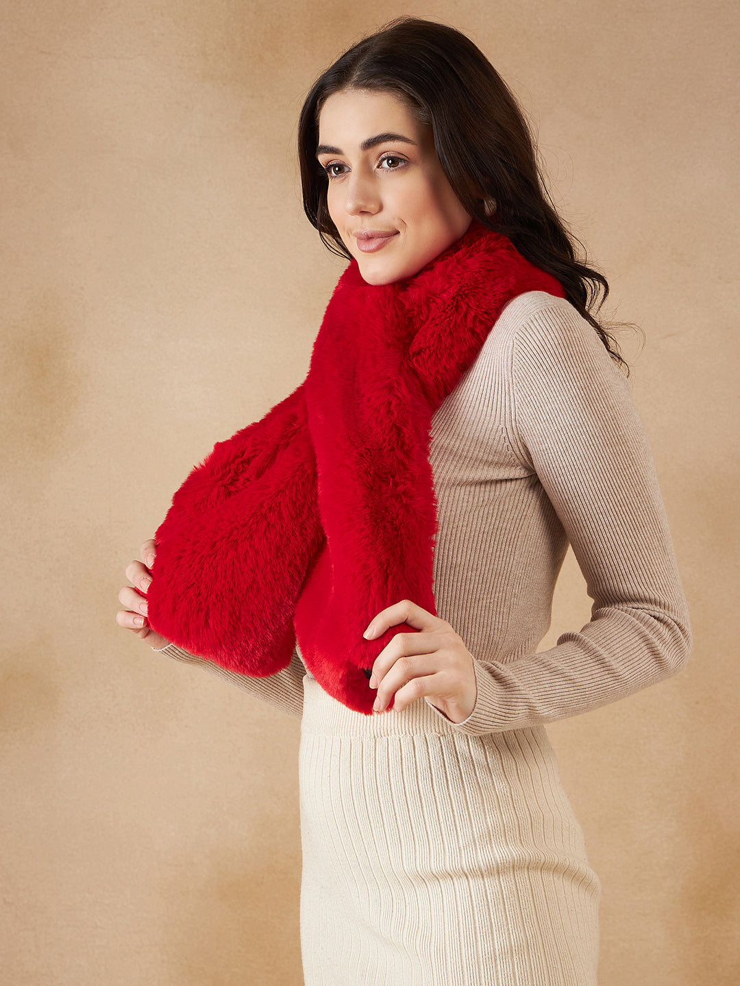 InWeave Women's Cherry Red Faux Fur Neck Warmer - Swadesiicart