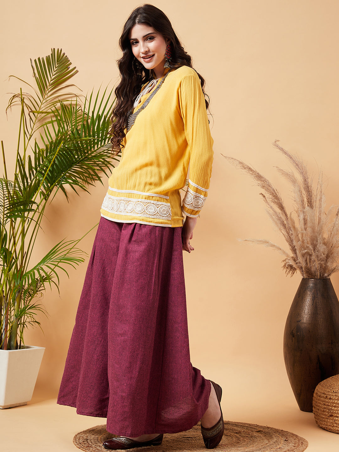 InWeave Women's Pink Wine Handloom Palazzo - Swadesiicart