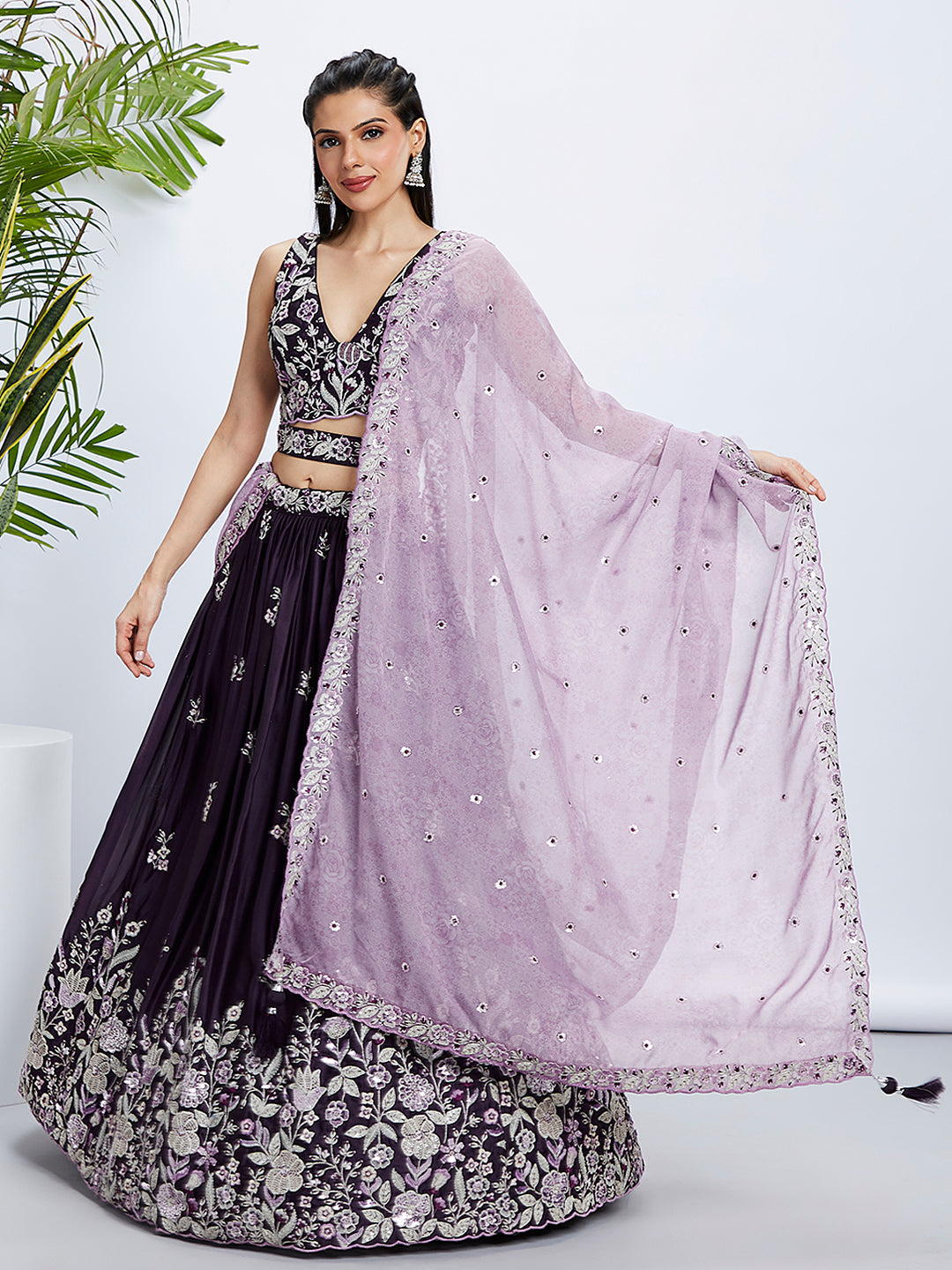 House of Panchhi Cream Net Cutdana, Sequins And Zarkan Embroidery Lehenga Choli & Dupatta | Swadesiicart