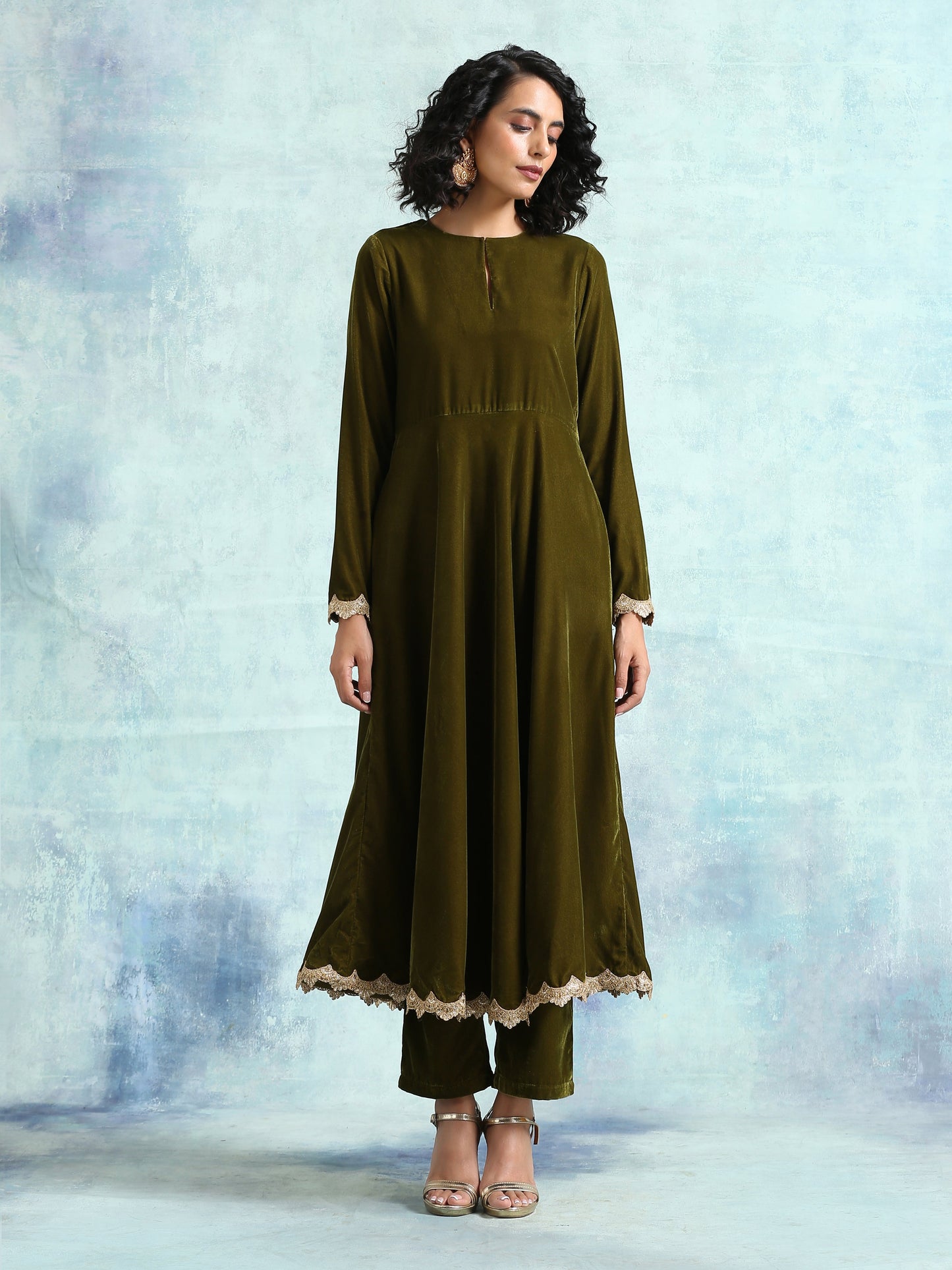 trueBrowns Mehandi Velvet Anarkali Kurta | Swadesiicart