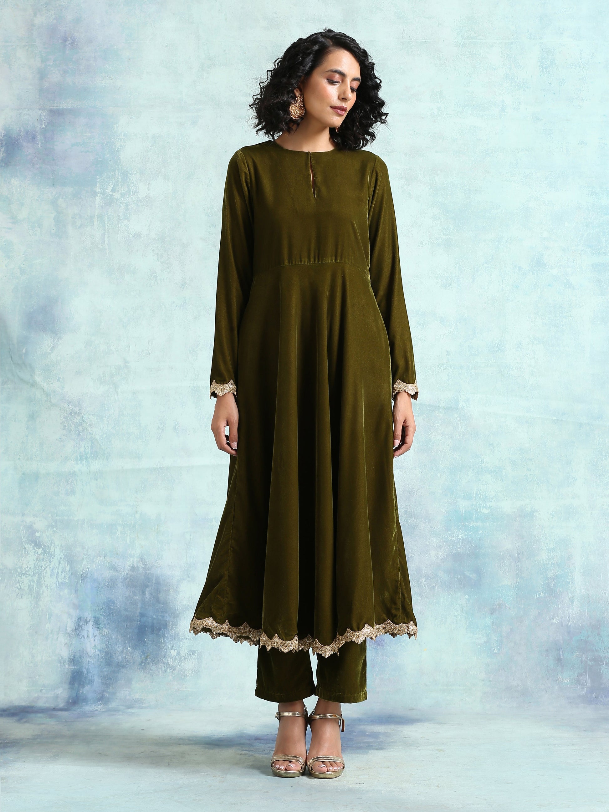 trueBrowns Mehandi Velvet Anarkali Kurta | Swadesiicart