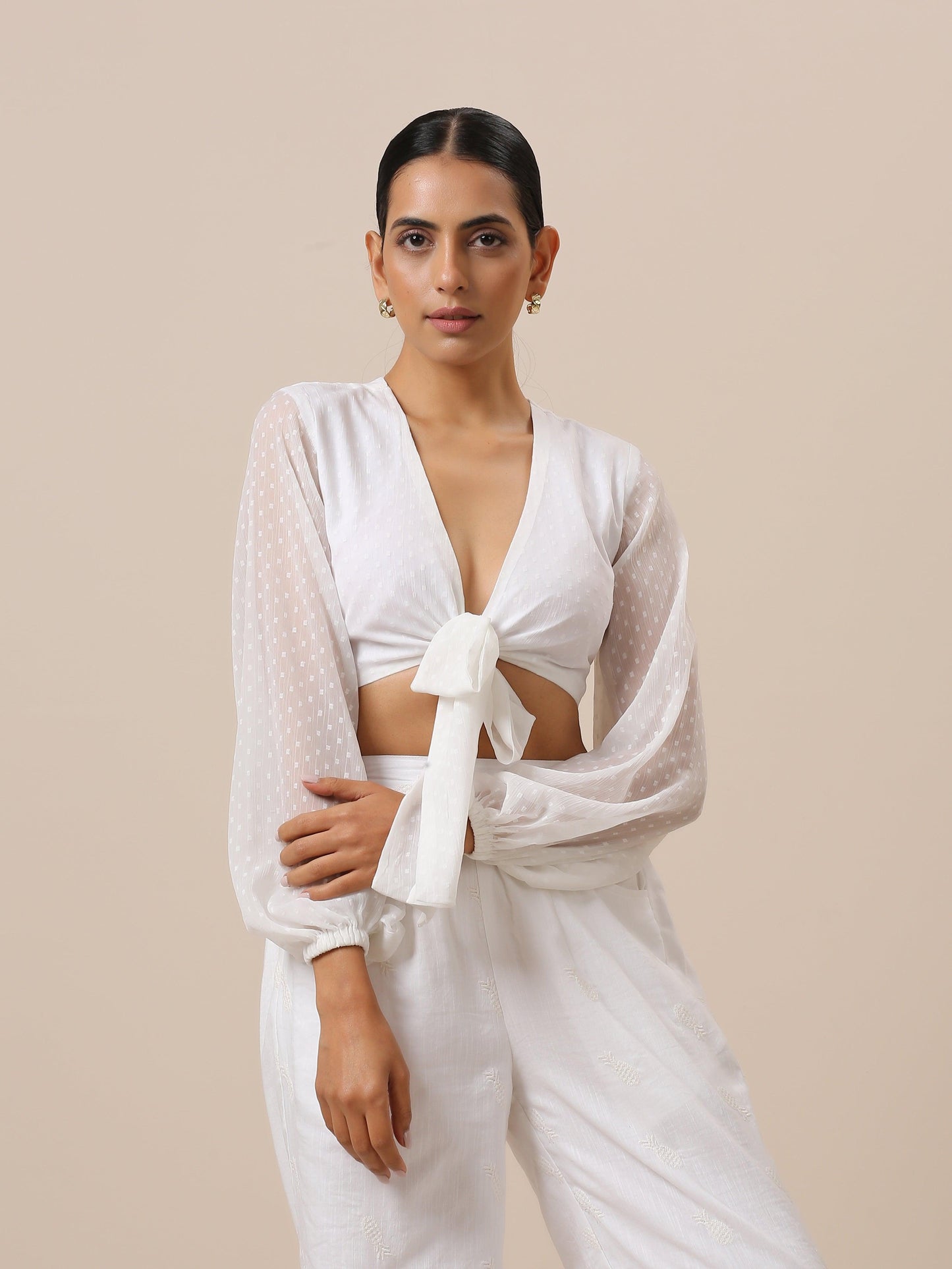 trueBrowns Chiffon White Dobby Tie Up Top | Swadesiicart